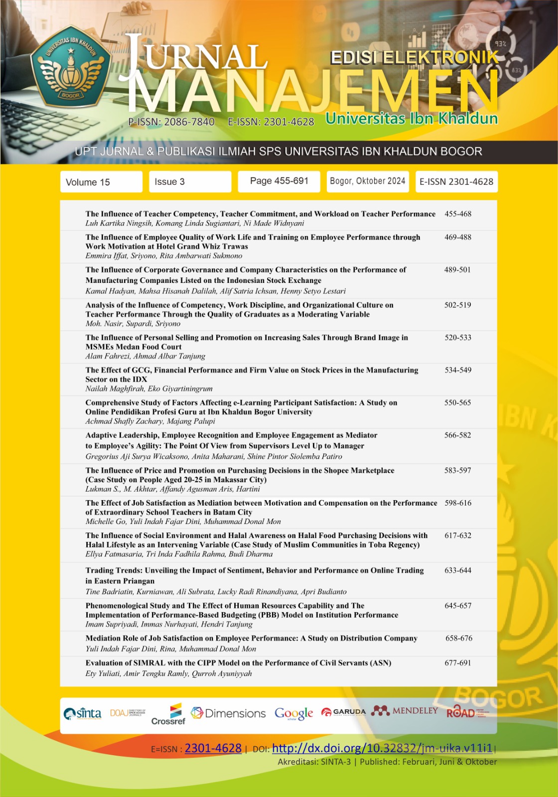 					View Vol. 15 No. 3 (2024): Jurnal Manajemen (Edisi Elektronik)
				