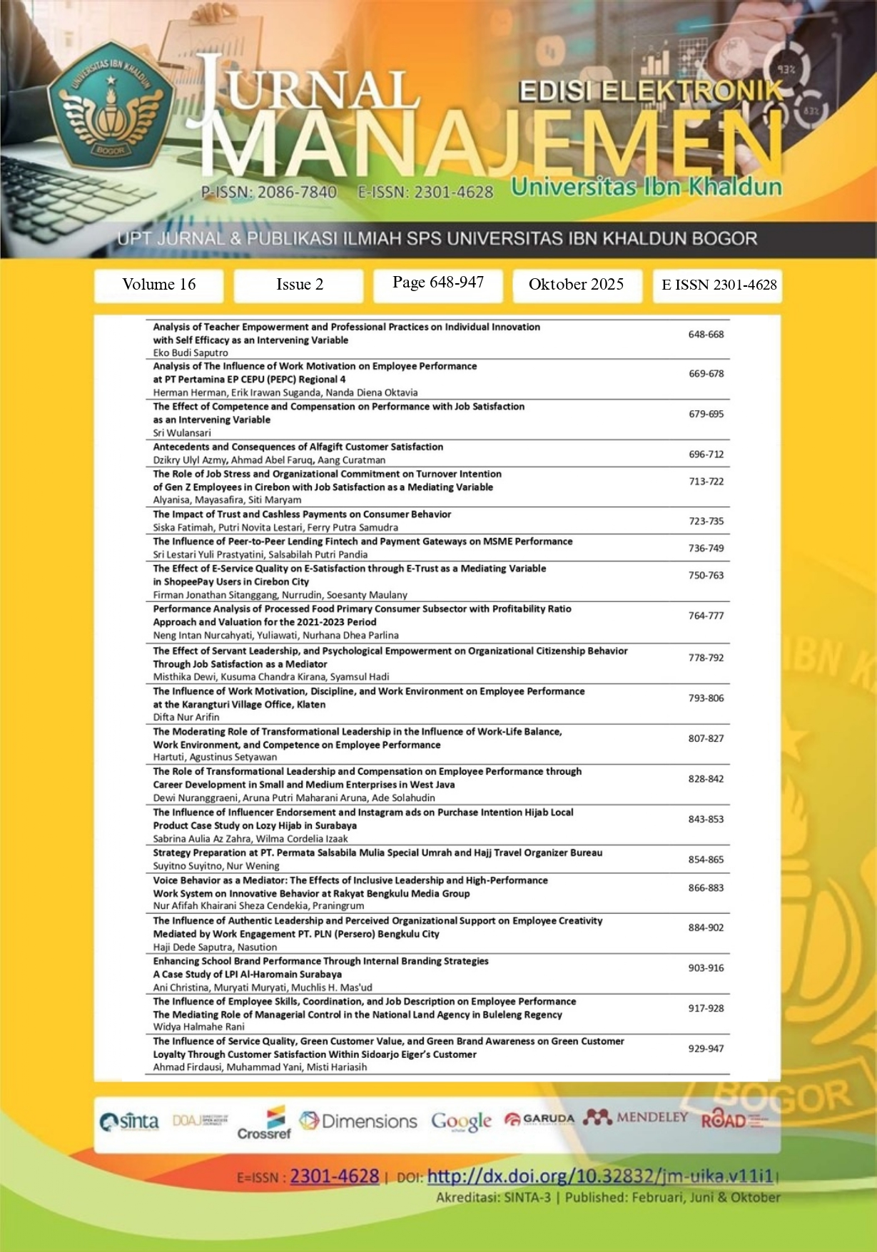 					View Vol. 16 No. 3 (2025): Jurnal Manajemen (Edisi Elektronik)
				